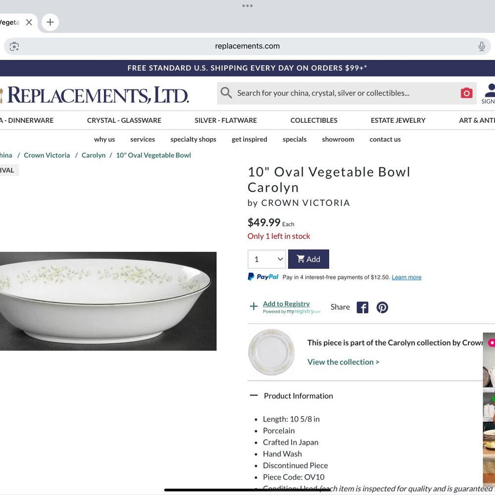 Crown Victoria - Carolyn - 10" Oval Vegetable Bowl